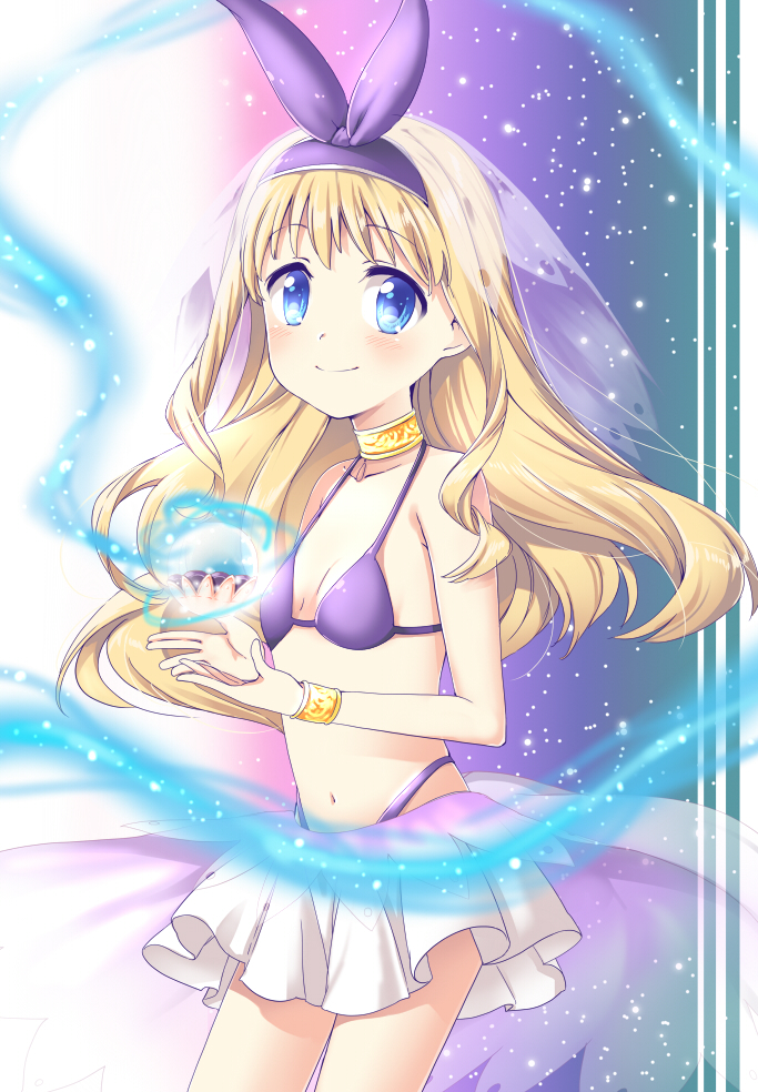 10s, 1girl, bikini, blonde_hair, blue_eyes, female_focus, hairband, long_hair, looking_at_viewer, mitsuki_meia, navel, pleated_skirt, remember_(wixoss), rimenba, selector_wixoss, skirt, smile, solo, swimsuit, wixoss