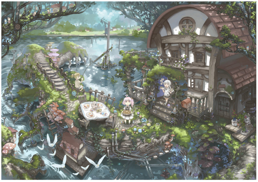 3girls, barrel, bird, blonde_hair, chair, cottage_(building), cup, dappled_sunlight, fishing, fishing_rod, flower, food, hair_bobbles, hair_ornament, house, imoman, industrial_pipe, ivy, ladder, looking_at_viewer, mailbox, md5_mismatch, morning_glory, moss, multiple_girls, mushroom, nature, open_mouth, original, pie, pink_hair, plant, plant_roots, plate, potted_plant, purple_eyes, radio_antenna, railing, resolution_mismatch, river, scenery, shirt, shorts, side_ponytail, silver_hair, sitting, skirt, smile, source_smaller, standing, sunlight, t-shirt, table, tablecloth, teacup, tree, walking, water