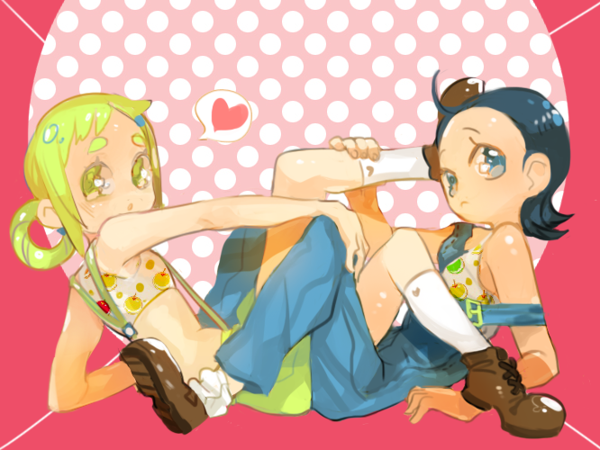 2girls, asuka_momoko, blonde_hair, blue_eyes, blue_hair, green_eyes, gyehu, heart