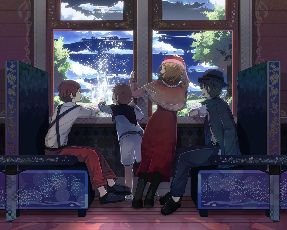 1girl, 3boys, bad_id, bad_pixiv_id, brother_and_sister, brown_hair, campanella_(ginga_tetsudou_no_yoru), capelet