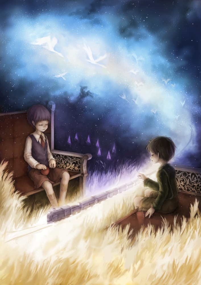 2boys, apple, bad_id, bad_pixiv_id, bird, blue_hair, campanella_(ginga_tetsudou_no_yoru), closed_eyes, food, formal_clothes, fruit, ginga_tetsudou_no_yoru, giovanni_(ginga_tetsudou_no_yoru), khell, multiple_boys, necktie, night, railroad_tracks, short_hair, sitting, sky, star_(sky), starry_sky, suit, sweater_vest, train, train_interior, vest, wheat_field