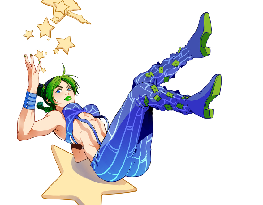 1girl, black_hair, blue_eyes, double_bun, female_focus, green_hair, green_lips, hair_bun