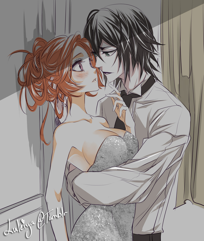 1boy, 1girl, against_wall, alternate_hairstyle, arms_around_another's_waist, arrancar, artist_name, bad_id, bad_pixiv_id, bare_shoulders, black_hair, black_lips, black_necktie, black_pants, bleach, blue_eyes, blush, breasts, cleavage, collarbone, collared_shirt, colored_skin, dress, earrings, espada, eye_contact, eyeliner, eyeshadow, face-to-face, formal_clothes, hair_up, hetero, hollow_(bleach), imminent_kiss, inoue_orihime, jewelry, large_breasts, lipstick, looking_at_another, luluko_(starryluluko), makeup, neck, necktie, nervous, open_mouth, orange_hair, pale_skin, pants, parted_lips, purple_eyes, pursed_lips, shirt, silver_dress, sparkling_clothes, strapless, strapless_dress, tumblr_username, ulquiorra_cifer, white_shirt, white_skin