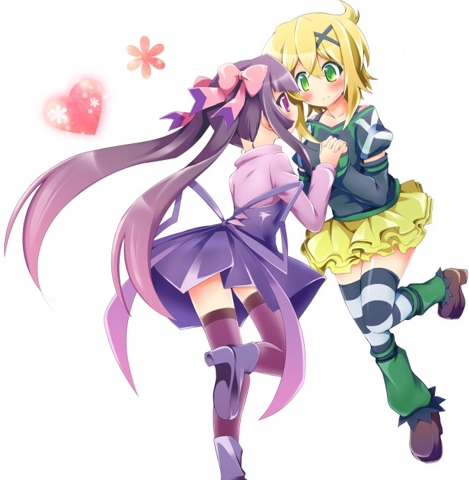 10s, 2girls, akatsuki_kirika, blonde_hair, blush, couple, green_eyes, hair_ornament