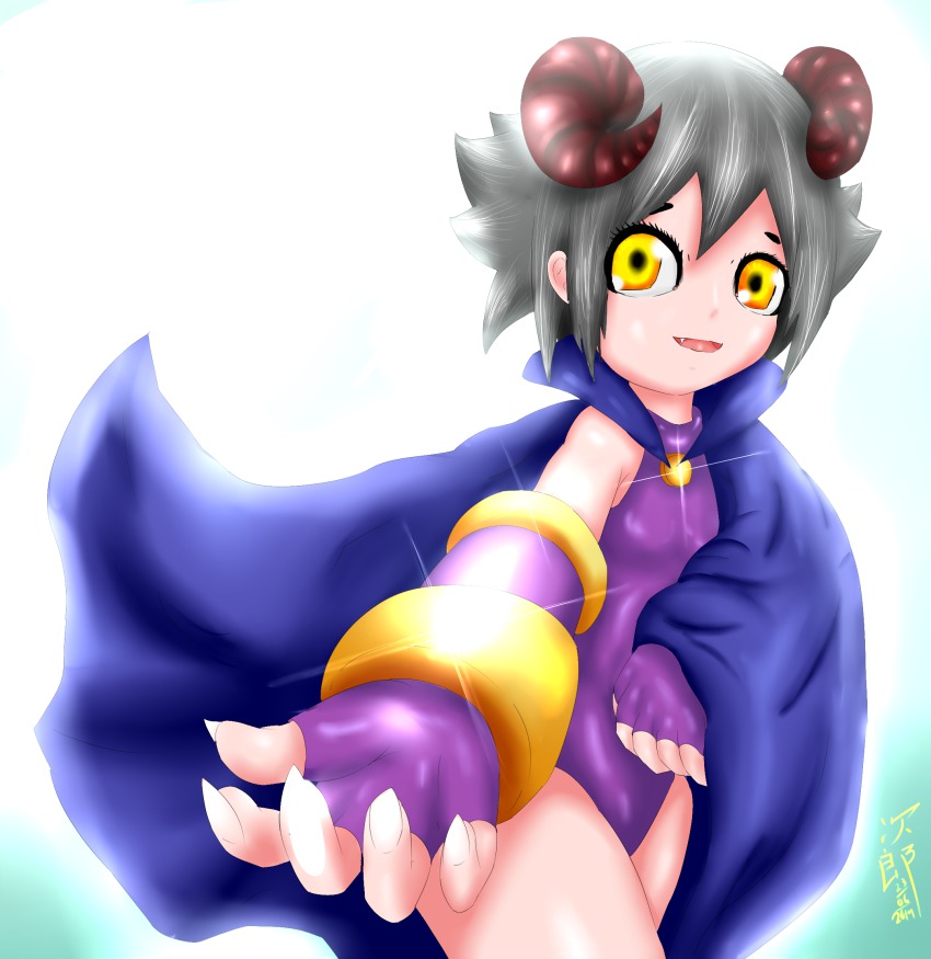 1girl, cape, female_focus, grey_hair, highres, horns, legs, mikan_susano_o, original, ryumaouh_neily, sample_watermark, smile, solo, sunlight, watermark, yellow_eyes