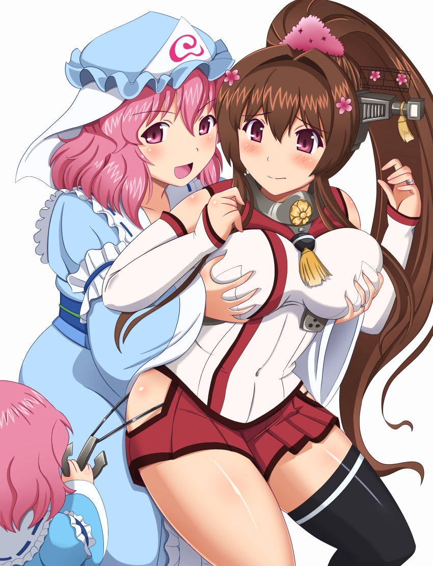 10s, 3girls, bad_id, bad_pixiv_id, blush, breasts, brown_hair, cherry_blossoms