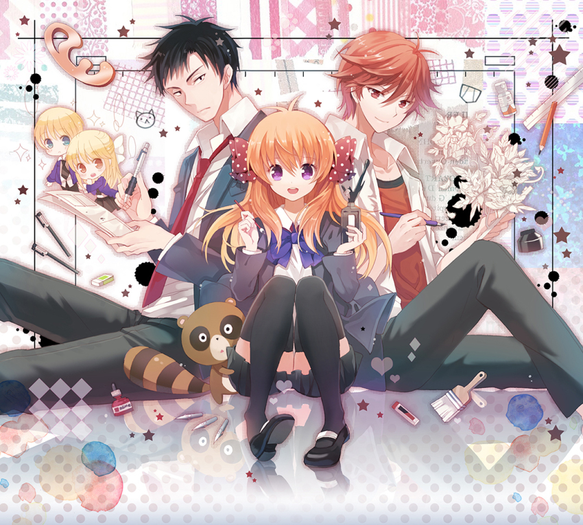 10s, 1girl, 2boys, bow, brush, eraser, gekkan_shoujo_nozaki-kun, inkwell