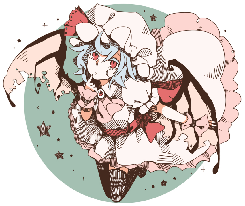 1girl, bad_id, bad_pixiv_id, bat_wings, black_thighhighs, blue_hair, bow, female_focus