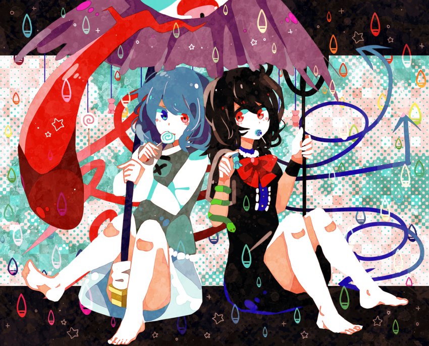 2girls, asymmetrical_wings, bad_id, bad_pixiv_id, barefoot, black_hair, blue_eyes, blue_hair