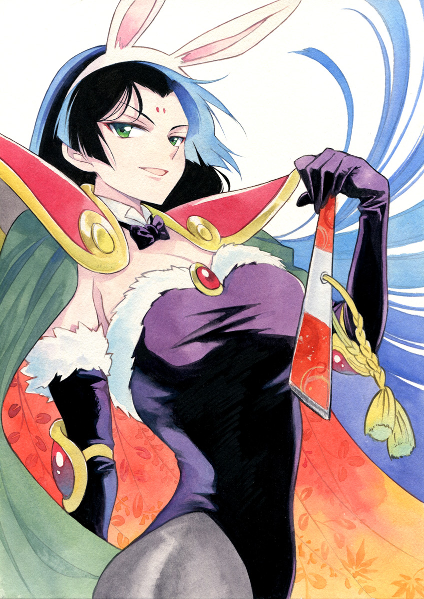 1girl, agahari, animal_ears, black_hair, black_pantyhose, cape, detached_collar, elbow_gloves