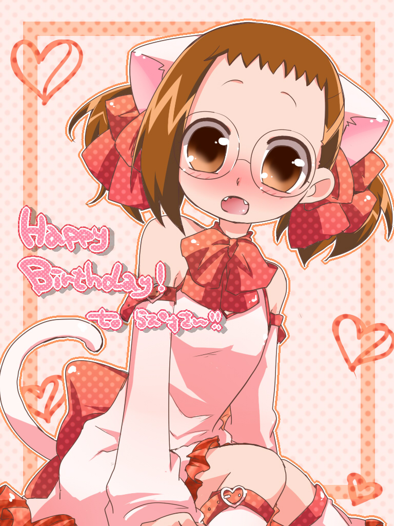 1girl, animal_ears, bad_id, bad_pixiv_id, blush, border, bow, brown_hair, cat_ears, cat_tail, fangs, female_focus, fujiwara_hazuki, full-face_blush, glasses, heart, kawadakawada, leg_belt, long_hair, looking_at_viewer, ojamajo_doremi, open_mouth, polka_dot, polka_dot_background, solo, tail