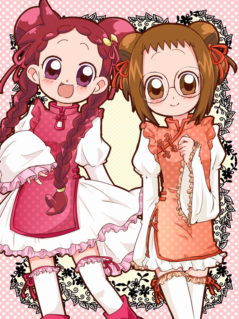 2girls, bad_id, bad_pixiv_id, blush, brown_hair, fujiwara_hazuki, harukaze_doremi, kawadakawada