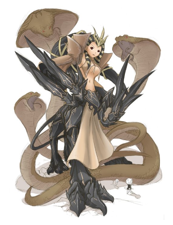 1girl, ancient_egyptian, armor, bad_id, bad_pixiv_id, black_hair, breasts, centauroid, chimera, chimera_(creature), cobra_naja, female_focus, giant, giantess, monster, monster_girl, seal_online, shiratama_dango, snake, solo, taur, underboob