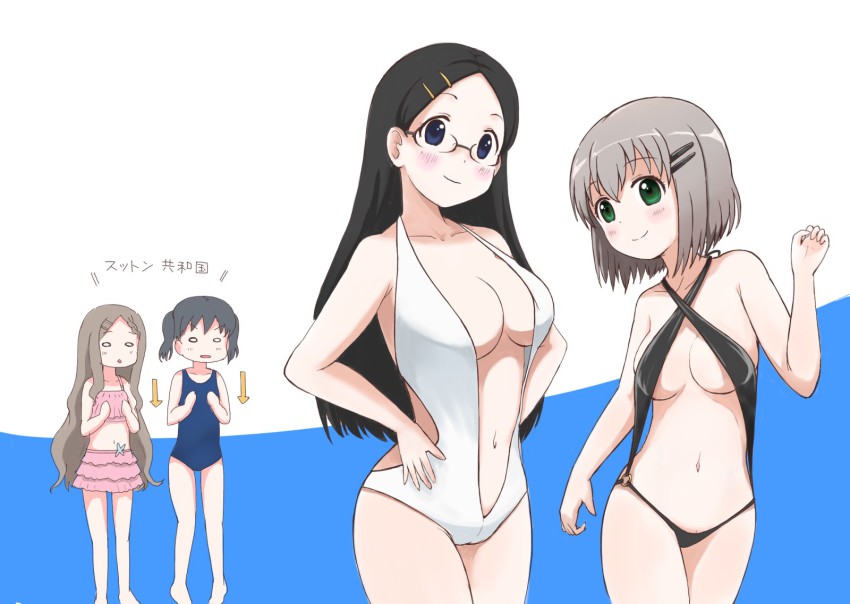 10s, 4girls, akihisa201, aoba_kokona, arrow_(symbol), bad_id, bad_pixiv_id, barefoot, bikini, black_hair, blush, breast_envy, breasts, brown_hair, cleavage, glasses, green_eyes, grey_hair, hair_ornament, hairclip, highres, kuraue_hinata, large_breasts, long_hair, medium_breasts, multiple_girls, navel, o-ring, o-ring_swimsuit, o_o, one-piece_swimsuit, open_mouth, purple_eyes, saitou_kaede_(yama_no_susume), short_hair, slingshot_swimsuit, smile, swimsuit, translation_request, twintails, underboob, yama_no_susume, yukimura_aoi