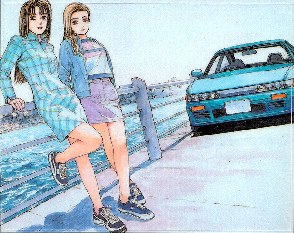 2girls, arm_support, brown_eyes, brown_hair, car, casual, cityscape, converse, crossed_legs, day, denim, denim_skirt, dress, dutch_angle, female_focus, fence, hair_over_shoulder, initial_d, jacket, jewelry, leaning_back, leg_lift, legs, lips, long_hair, long_sleeves, looking_at_viewer, miniskirt, motor_vehicle, multiple_girls, nissan, nissan_sileighty, no_socks, official_art, open_clothes, open_jacket, outdoors, parted_bangs, pencil_skirt, plaid_clothes, plaid_dress, pocket, railing, right-hand_drive, ring, satou_mako, sayuki, sayuki_(initial_d), shadow, shigeno_shuuichi, shoes, short_dress, side_slit, sil-eighty, skirt, sky, sneakers, standing, standing_on_one_leg, star_(symbol), star_print, swept_bangs, water, wavy_hair