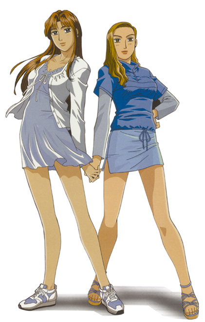 2girls, bare_legs, blue_eyes, blush, brown_eyes, brown_hair, buttons, casual, dress, earrings, feet, front-tie_top, hair_intakes, hair_over_shoulder, holding_hands, initial_d, jewelry, legs, light_brown_hair, lips, long_hair, long_sleeves, looking_at_viewer, miniskirt, multiple_girls, no_socks, open_clothes, open_shirt, parted_bangs, pencil_skirt, sandals, satou_mako, sayuki, sayuki_(initial_d), shadow, shirt, shoes, short_dress, side_slit, sidelocks, simple_background, skirt, sneakers, standing, swept_bangs, toes, turtleneck, unbuttoned, wavy_hair, white_background