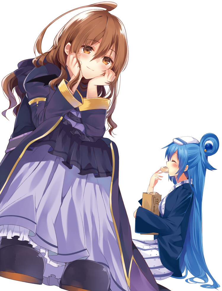 10s, 2girls, ^_^, ahoge, aqua_(konosuba), arm_support, bag, blue_hair