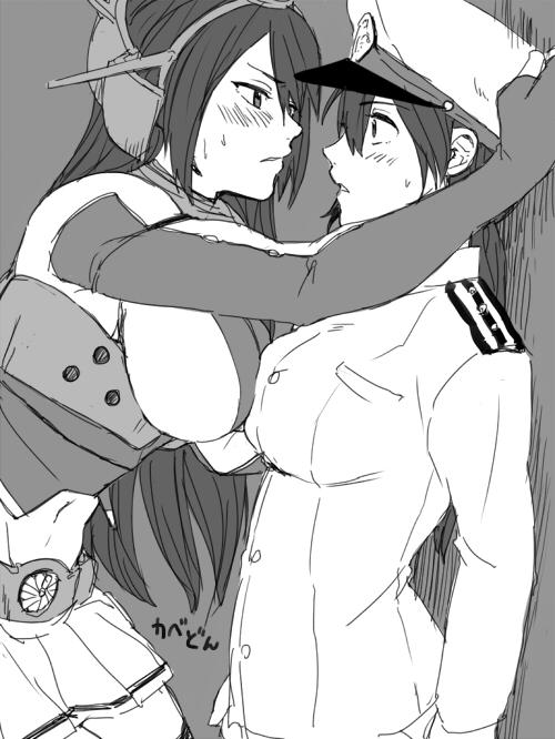 10s, 2girls, bare_shoulders, blush, elbow_gloves, female_admiral_(kancolle), gloves, greyscale