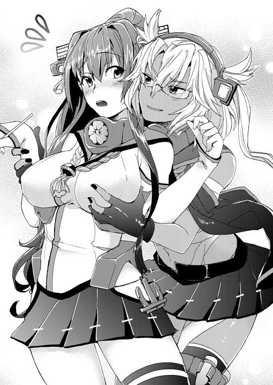 10s, 2girls, blush, breasts, budget_sarashi, dark-skinned_female, dark_skin, fingerless_gloves