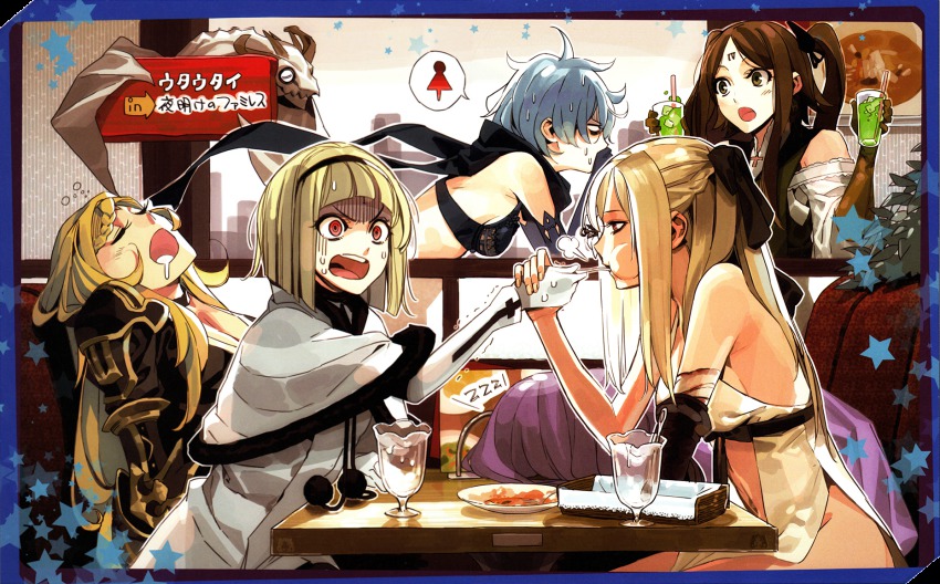 6+girls, armor, blonde_hair, blue_hair, bra, braid, braided_bangs, breasts, brown_eyes, brown_hair, cleavage, cup, drag-on_dragoon, drag-on_dragoon_3, drinking_glass, drinking_straw, drooling, eating, five_(drag-on_dragoon), four_(drag-on_dragoon), highres, mikhail_(drag-on_dragoon), morii_shizuki, multiple_girls, official_art, one_(drag-on_dragoon), puffy_cheeks, purple_hair, red_eyes, scarf, single_braid, sleeping, star_(symbol), sweat, table, three_(drag-on_dragoon), two_(drag-on_dragoon), underwear, zero_(drag-on_dragoon), zzz