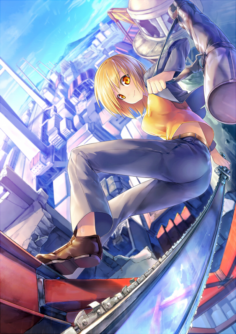 1girl, blonde_hair, breasts, building, etsusa_oohashi, magenta_(atyana), orange_eyes, sahara_jun
