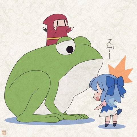 0_0, 1boy, 1girl, blue_hair, cirno, dress, fairy, frog