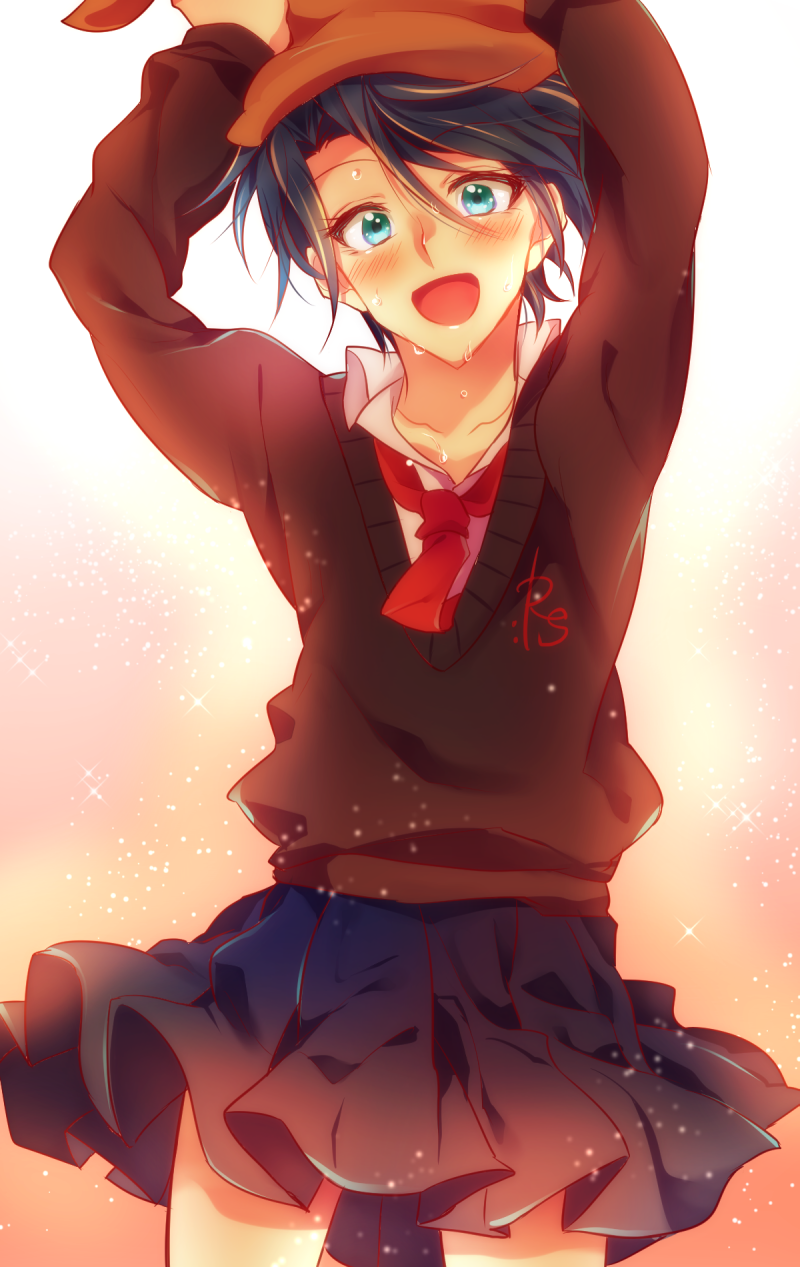 10s, 1girl, :d, black_hair, blue_eyes, collarbone, female_focus, gekkan_shoujo_nozaki-kun