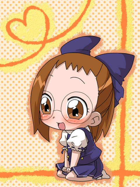 1girl, blush, bow, brown_eyes, brown_hair, chibi, female_focus, fujiwara_hazuki