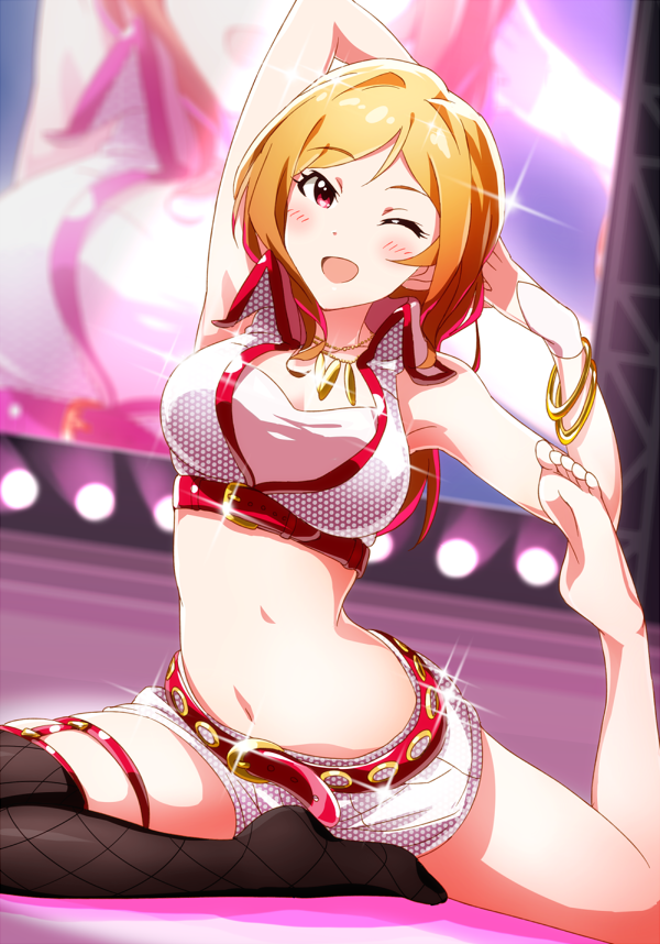 10s, 1girl, ;d, arms_up, barefoot, bracelet, breasts, brown_eyes, brown_hair, cleavage, dani-ikapi, feet, fishnet_thighhighs, fishnets, flexible, idolmaster, idolmaster_million_live!, jewelry, looking_at_viewer, midriff, million_dreams_(idolmaster), momose_rio, navel, no_shoes, one_eye_closed, open_mouth, pigeon_pose, single_thighhigh, smile, split, thighhighs, wink