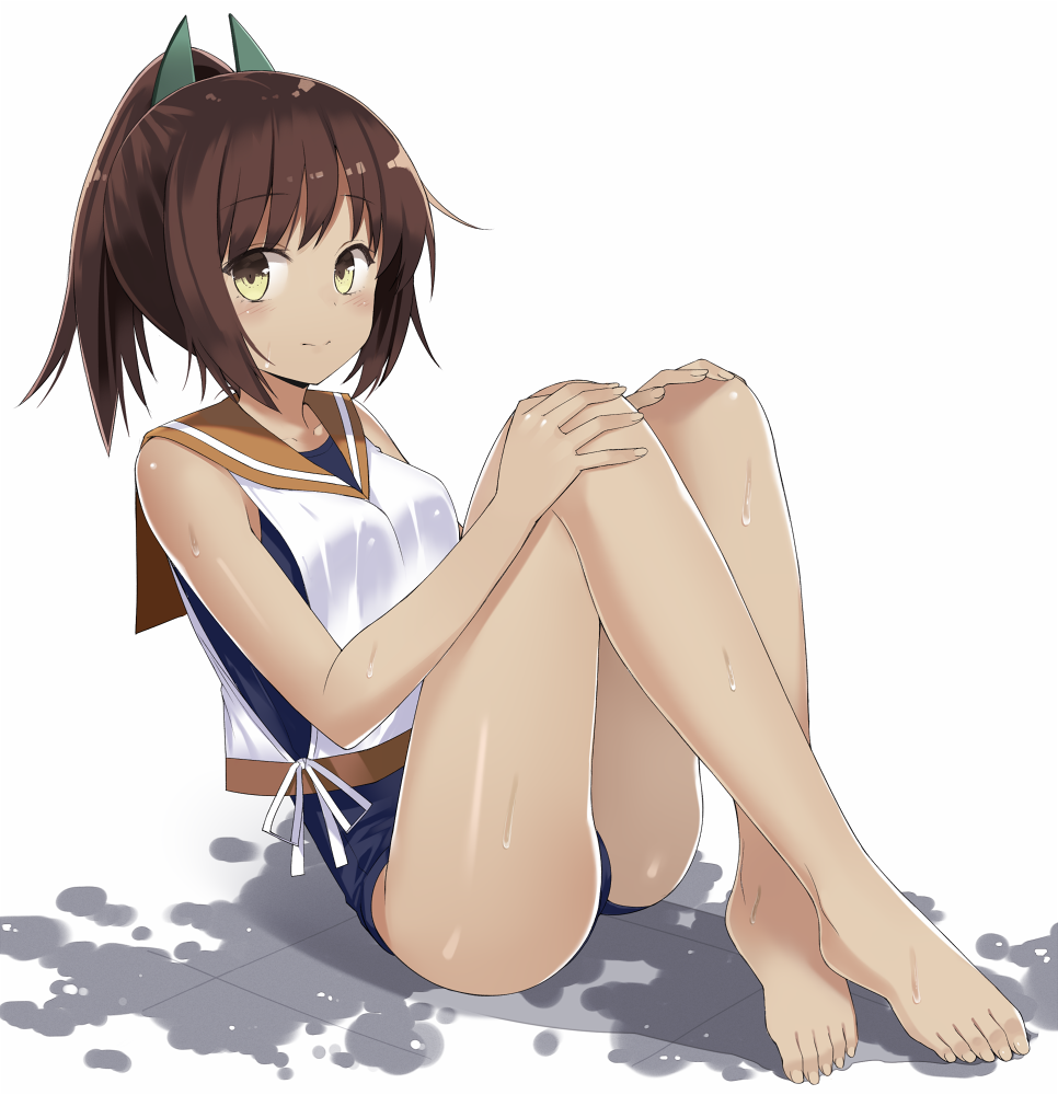 10s, 1girl, 501092-taka, bare_legs, bare_shoulders, barefoot, blue_one-piece_swimsuit, blush