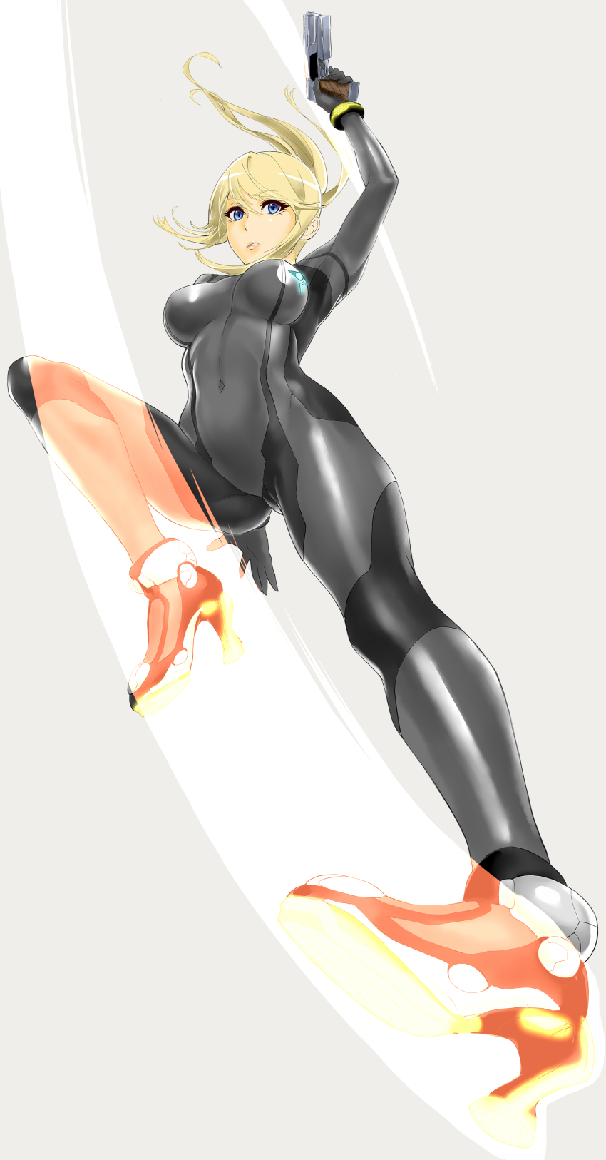 1girl, absurdres, alternate_color, blonde_hair, blue_eyes, bodysuit, breasts, covered_navel, female_focus, gun, highres, hottiku, large_breasts, long_hair, metroid, navel, nintendo, parted_lips, ponytail, samus_aran, skin_tight, solo, super_smash_bros., weapon, zero_suit