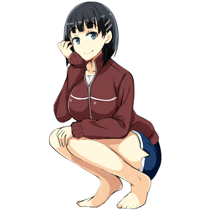 10s, 1girl, barefoot, black_hair, blue_eyes, bob_cut, breasts, casual