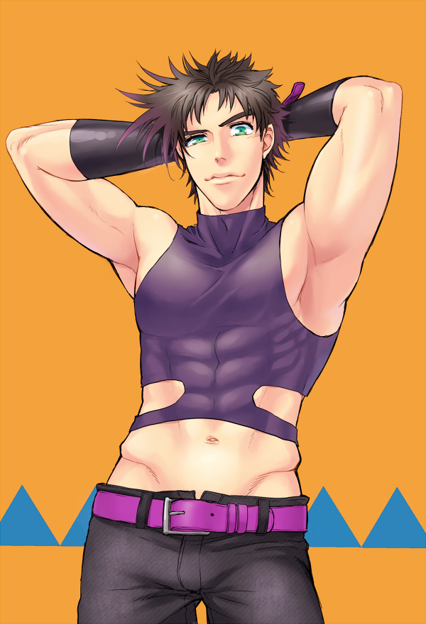 1boy, bad_id, bad_pixiv_id, black_hair, cocked_eyebrow, green_eyes, hip_bones, jojo_no_kimyou_na_bouken