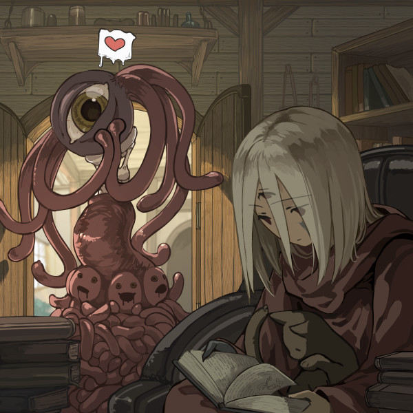 1girl, androgynous, bad_id, bad_pixiv_id, black_cat, black_cat_(elona), black_skin, book, bookshelf, cat, chair, colored_skin, cthulhu_mythos, dark-skinned_female, dark_skin, elona, exile_(elona), eyes_visible_through_hair, female_focus, great_race_of_yith, harusame_(rueken), heart, house, imminent_rape, jar, monster, open_book, reading, red_eyes, robe, shelf, silver_hair, sitting, sleeping, solo, speech_bubble, spoken_heart, tentacles, third_eye
