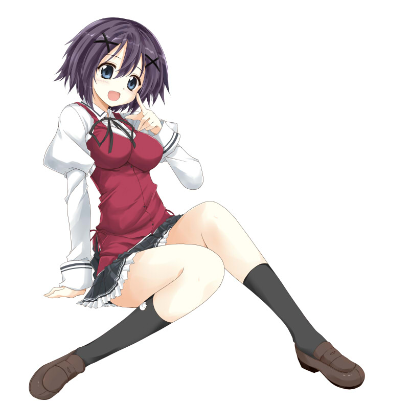 1girl, :d, black_eyes, black_hair, black_legwear, bow, bowtie, female_focus