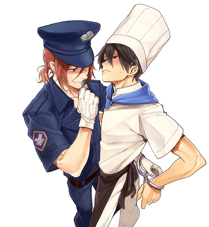 10s, 2boys, black_hair, blush, chef, chef_hat, cuffs, free!