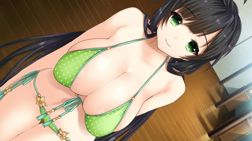 1girl, bare_shoulders, beach, bikini, black_hair, blush, breasts, censored