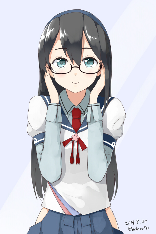 10s, 1girl, adjusting_eyewear, black_hair, blush, clothing_cutout, female_focus, glasses, hibiki_(pixiv231666), hip_vent, kantai_collection, long_hair, looking_at_viewer, ooyodo_(kancolle), school_uniform, serafuku, skirt, smile, solo, sui_(tsuruhibiki)