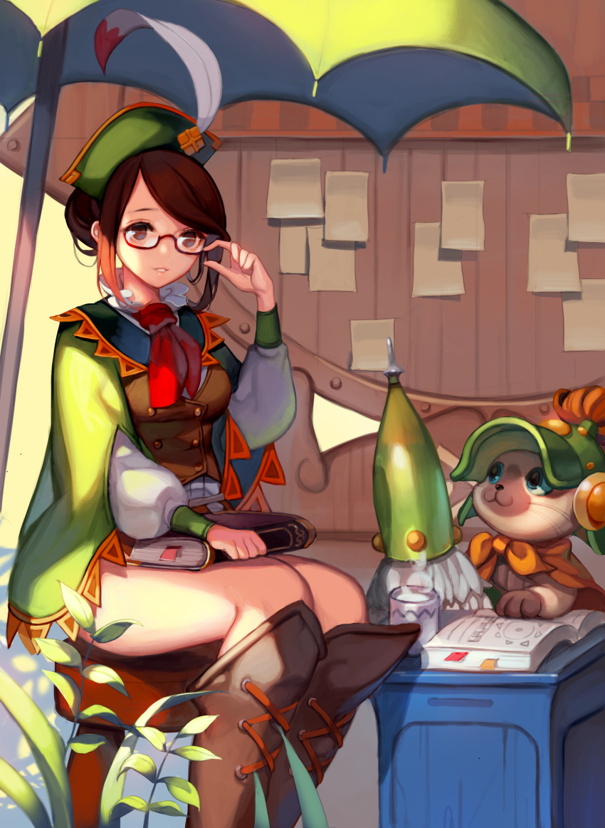 1girl, absurdres, adjusting_eyewear, armor, ask_(dreaming_cat), blue_eyes, book, boots, brave_(armor), brown_hair, buttons, capcom, cat, cup, double-breasted, felyne, glasses, guildmarm_(monster_hunter), hat, highres, holding, holding_book, knee_boots, long_hair, long_sleeves, monster_hunter_(series), monster_hunter_4, mug, neck_ribbon, open_book, paper, plant, polearm, puffy_sleeves, ribbon, semi-rimless_eyewear, sitting, umbrella, under-rim_eyewear, updo, vest, weapon, wood