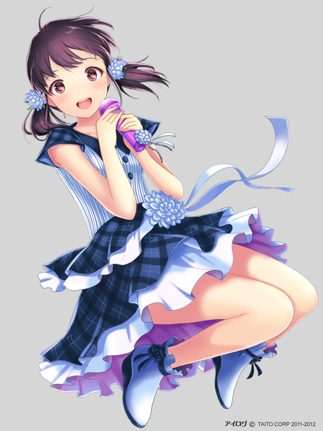 1girl, :d, ahoge, akiyama_minaki, black_eyes, black_hair, female_focus, holding