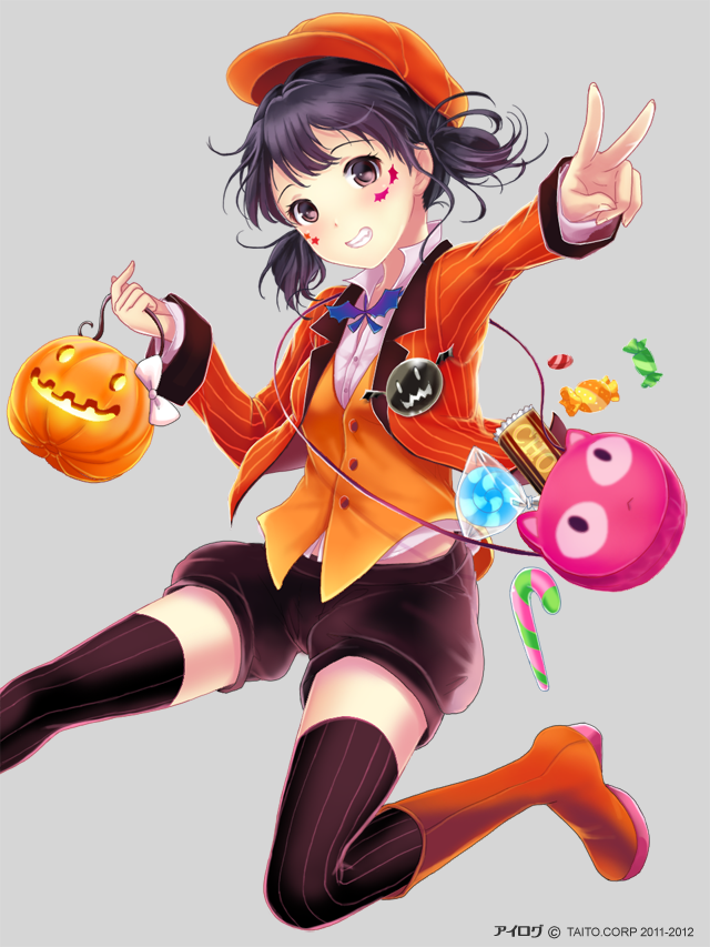 1girl, akiyama_minaki, bag, black_eyes, black_hair, black_thighhighs, blazer, boots, candy, candy_cane, chocolate, chocolate_bar, female_focus, food, grin, halloween, handbag, hat, holding, ilog, jack-o'-lantern, jacket, lollipop, looking_at_viewer, occhan_(11715), official_art, pinstripe_(pattern), pinstripe_pattern, pumpkin-shaped_pants, smile, solo, striped_clothes, striped_thighhighs, thighhighs, v, vest, waistcoat, zettai_ryouiki