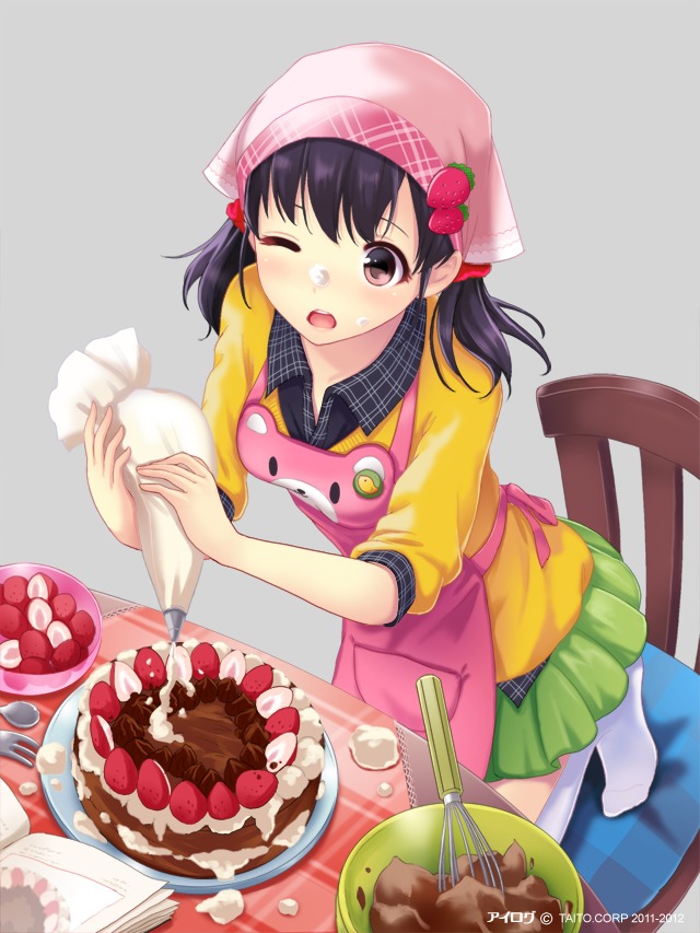 1girl, ;o, akiyama_minaki, apron, black_eyes, black_hair, bowl, cake