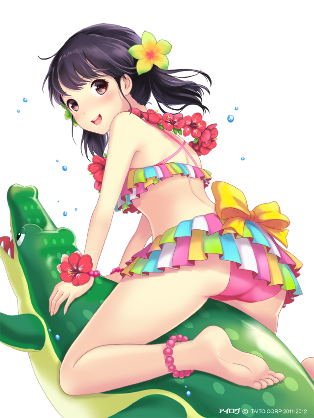 1girl, :d, akiyama_minaki, ass, barefoot, bikini, black_eyes, black_hair, blush, crocodile, crocodilian, feet, feet_on_toy, female_focus, flower, flower_necklace, flower_on_head, frilled_swimsuit, frills, hair_flower, hair_ornament, hibiscus, ilog, jewelry, lei, looking_at_viewer, multicolored_bikini, necklace, occhan_(11715), official_art, open_mouth, ruffle_bikini, smile, solo, swimsuit, toy, twintails