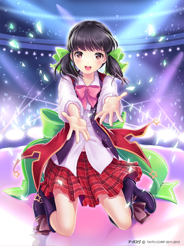 1girl, :d, akiyama_minaki, black_hair, bow, bowtie, brown_eyes, confetti