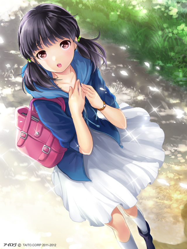 1girl, akiyama_minaki, bag, black_hair, brown_eyes, casual, female_focus, from_above