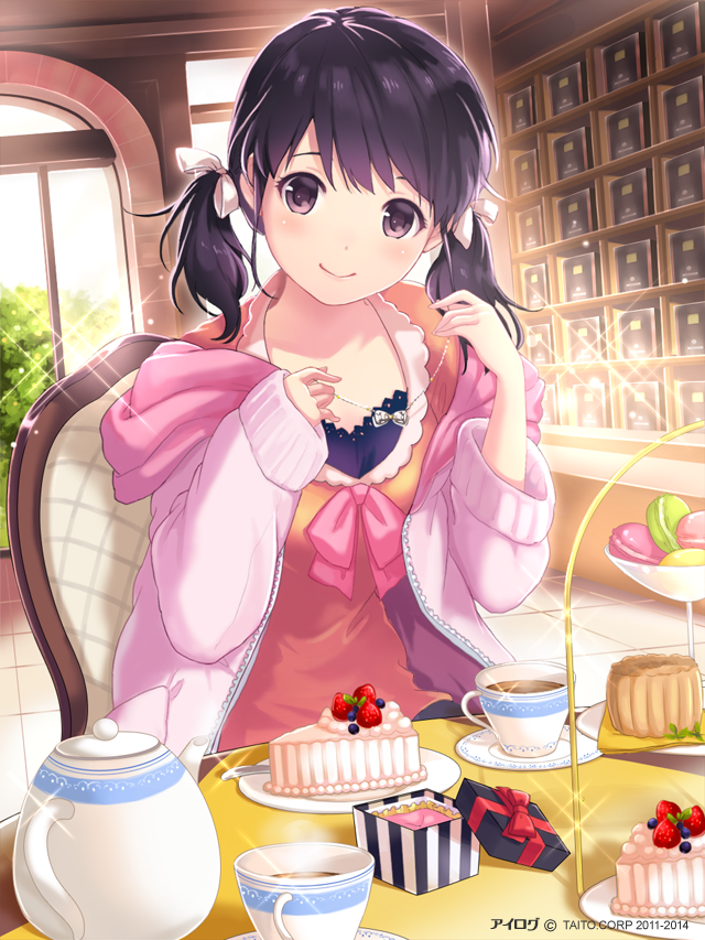 1girl, akiyama_minaki, black_eyes, black_hair, bow, box, cake, casual