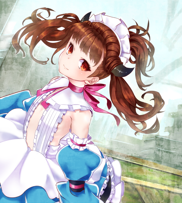 00s, 10s, 1girl, arm_garter, bad_id, bad_pixiv_id, bare_shoulders, brown_eyes, brown_hair, choker, dress, female_focus, flat_chest, frills, gunslinger_girl, gunslinger_stratos, horns, long_hair, looking_at_viewer, maid_headdress, rata, ribbon_choker, rindo_sidune, smile, solo, twintails