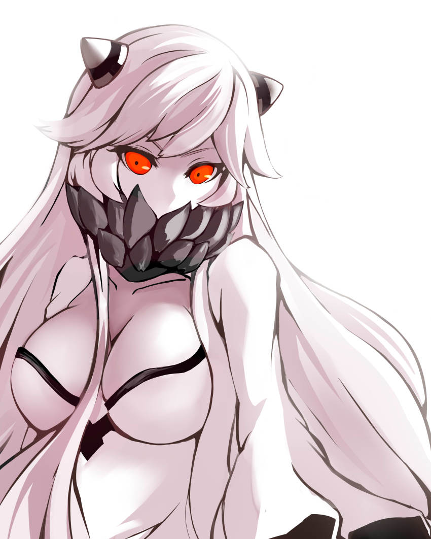 10s, 1girl, absurdres, abyssal_ship, breasts, cleavage, collarbone, covering_own_mouth, dress, female_focus, highres, horns, kantai_collection, large_breasts, long_hair, looking_at_viewer, midway_princess, nakajima_shion, pale_skin, red_eyes, sion_(nakajima_shion), solo, upper_body, very_long_hair, white_background, white_dress, white_hair