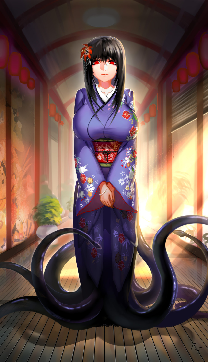 1girl, absurdres, bangle, black_hair, black_nails, bracelet, breasts, evil_smile, eyeliner, female_focus, fingernails, floral_print, flower, hair_between_eyes, hair_flower, hair_ornament, hallway, highres, huge_breasts, indoors, japanese_clothes, jewelry, kimono, light_rays, long_fingernails, long_hair, long_sleeves, looking_at_viewer, makeup, monster_girl, nail_polish, obi, original, otaku_(artist), plant, potted_plant, red_eyes, roper, sash, sharp_fingernails, smile, solo, standing, sunbeam, sunlight, tentacles, v_arms, window, wooden_floor
