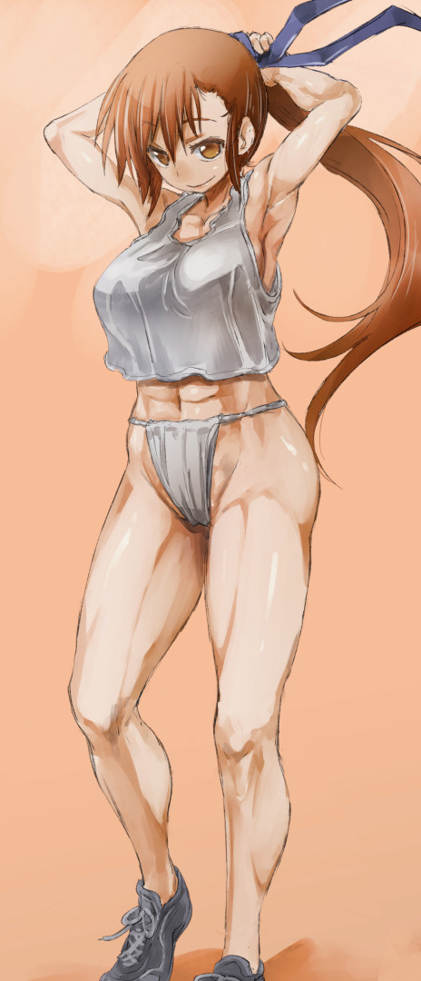 1girl, abs, adjusting_hair, armpits, arms_up, breasts, brown_eyes, brown_hair